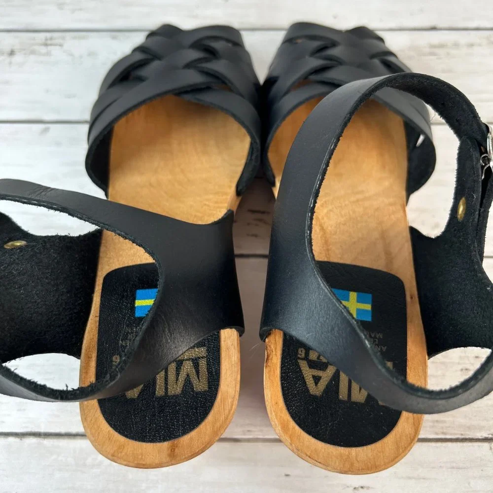 MIA Bety Sandals Womens 9M Black Leather Peep Toe Wooden Clogs Woven Adjustable - Picture 4 of 11